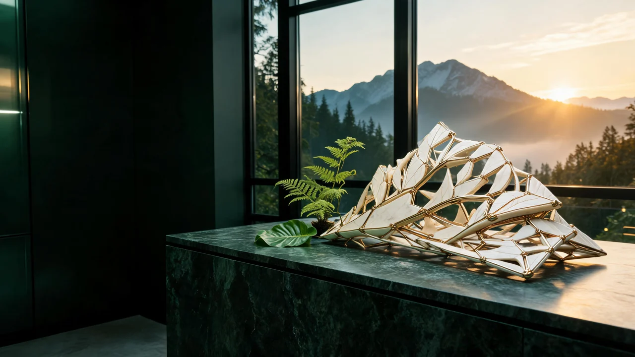 Illustrative branching structure beside a fern in a sunlit design workshop.