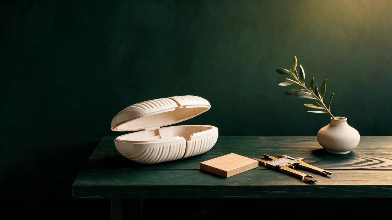 Concept artwork of a shell-inspired object, caliper and olive branch on a workbench.
